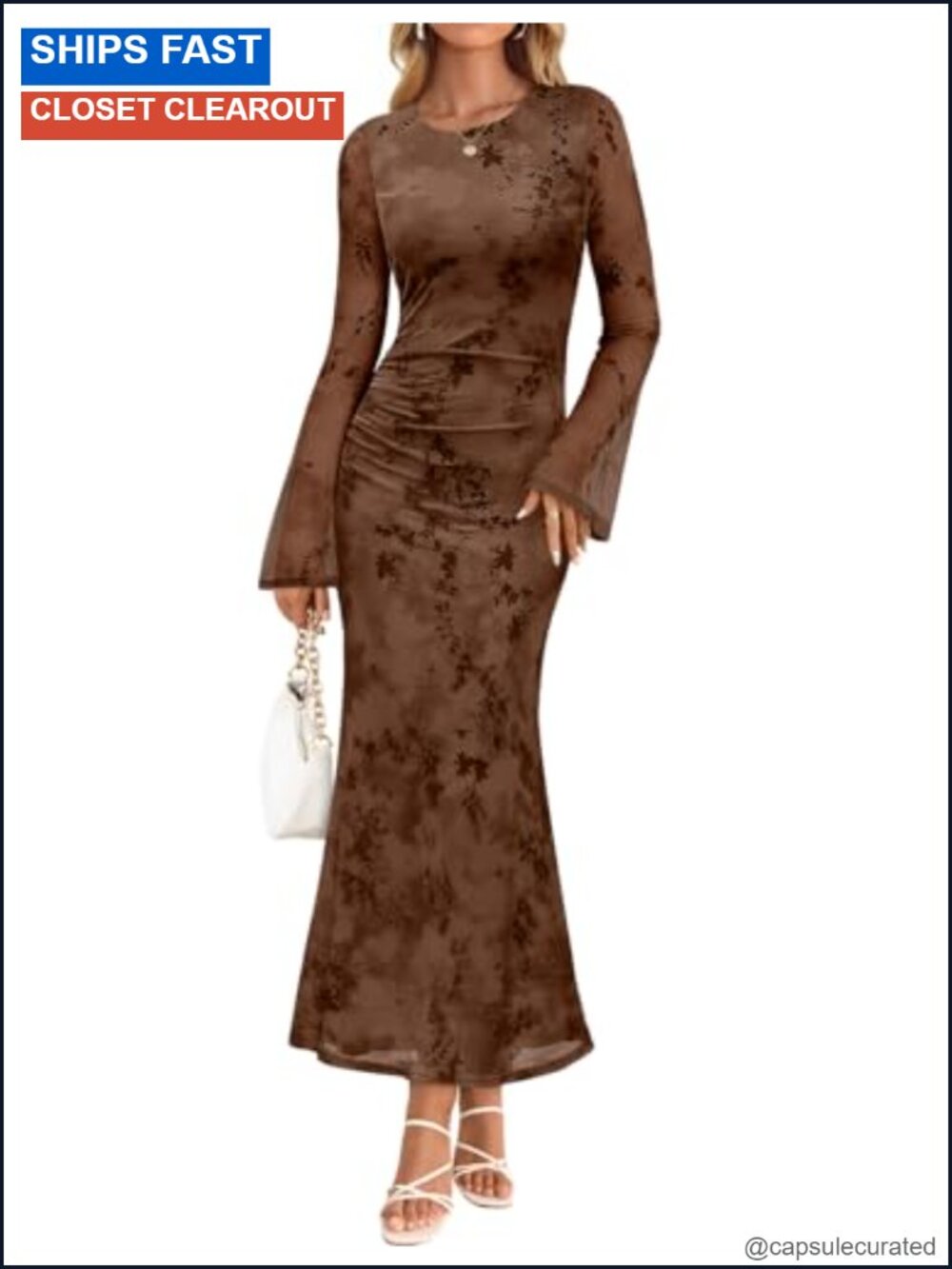Long Sleeve Floral Bodycon Ruched Mesh Maxi Formal Dress